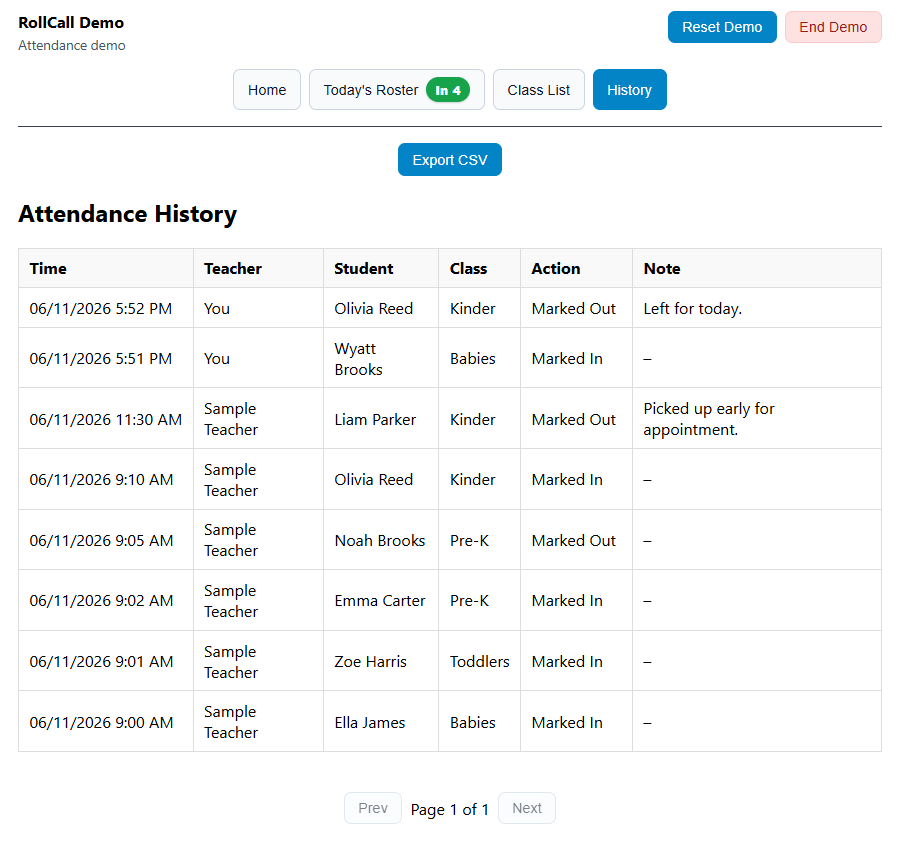 RollCall demo preview